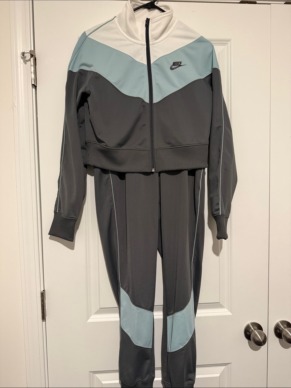 Nike Women's Gray and Light Blue Colorblocked Track Jacket & Joggers